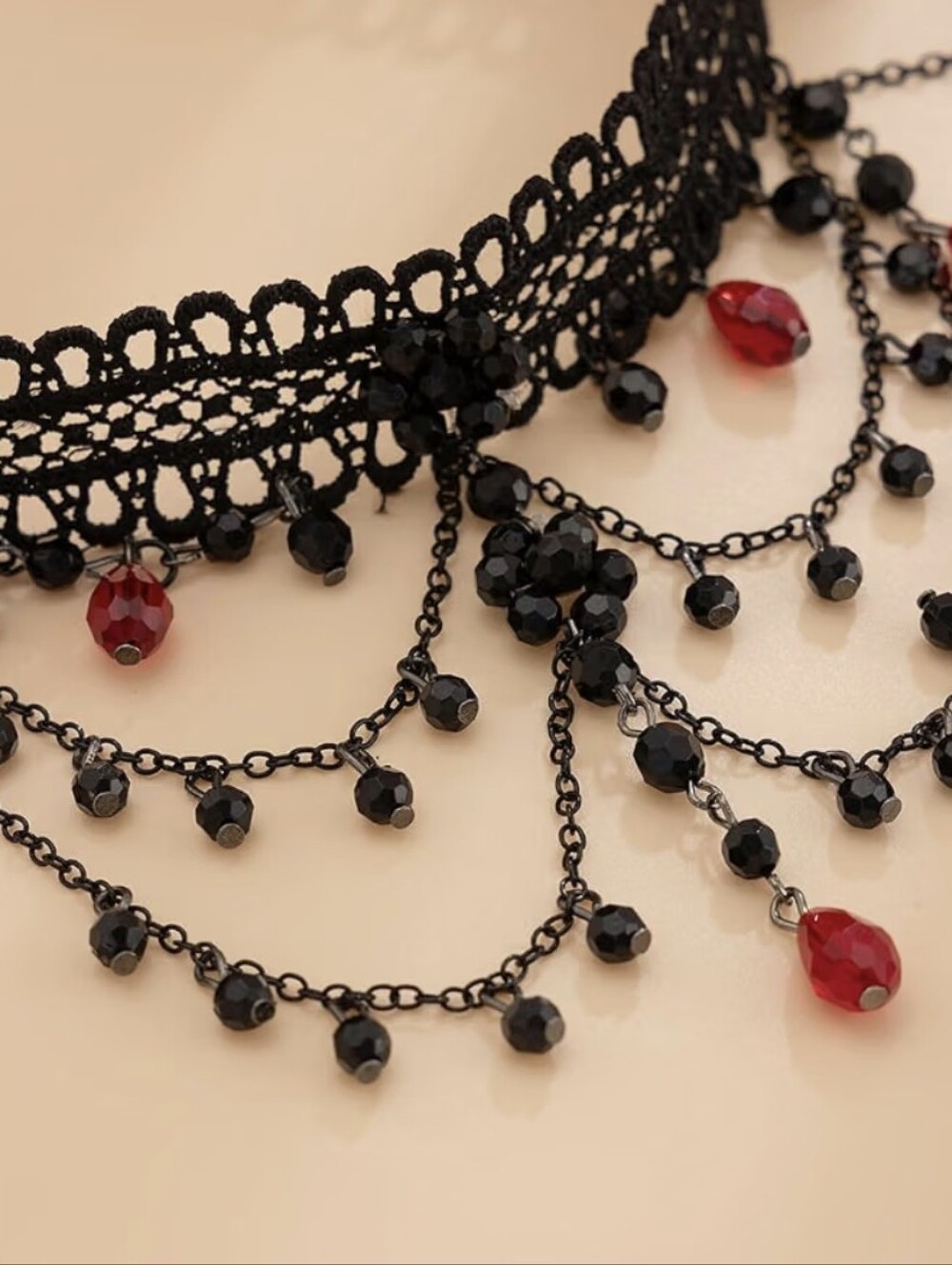 Black Lace Gothic Choker Necklace with Red Gem Accents - Picture 6 of 6